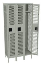 A metal locker unit with three doors, each featuring a diamond-patterned mesh design. The middle door is closed, while the right door is open, revealing two shelves and a hanging bar inside. The locker is gray in color.