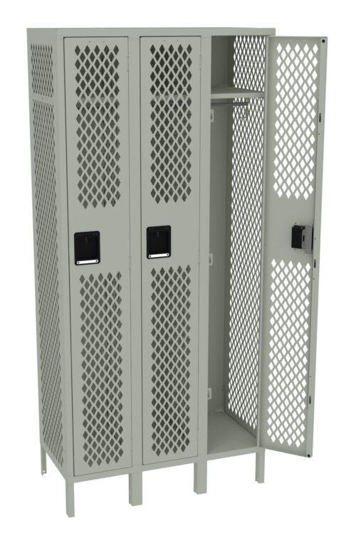 A metal locker unit with three doors, each featuring a diamond-patterned mesh design. The middle door is closed, while the right door is open, revealing two shelves and a hanging bar inside. The locker is gray in color.