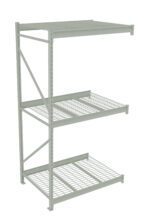 A metal storage rack with three wire shelves and a solid top shelf. It has a sturdy frame and is empty, designed for organizing and storing items. The shelves are evenly spaced and supported by vertical beams on each side.