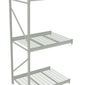 A metal storage rack with three wire shelves and a solid top shelf. It has a sturdy frame and is empty, designed for organizing and storing items. The shelves are evenly spaced and supported by vertical beams on each side.