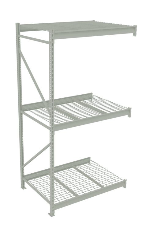 A metal storage rack with three wire shelves and a solid top shelf. It has a sturdy frame and is empty, designed for organizing and storing items. The shelves are evenly spaced and supported by vertical beams on each side.