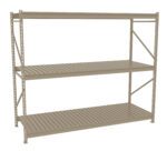 A beige, metal storage rack with three slatted shelves and a sturdy frame. The shelves are evenly spaced, and the rack is empty, showcasing its structure and design. The background is plain white.