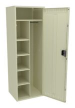 A beige metal locker stands open, showing its interior. It features four shelves on the left side and a clothing rod on the right side. The locker has a perforated design on the door and a black lock on the handle.