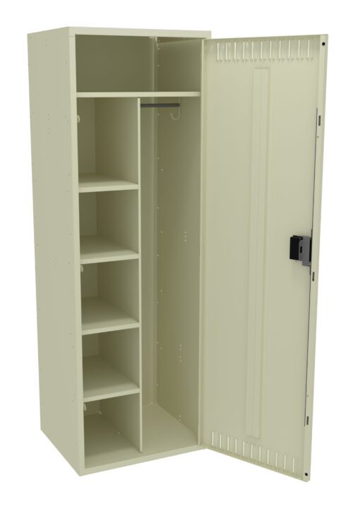A beige metal locker stands open, showing its interior. It features four shelves on the left side and a clothing rod on the right side. The locker has a perforated design on the door and a black lock on the handle.