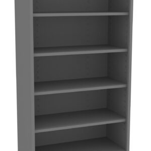 A tall, gray, metal storage cabinet on wheels with five open shelves and a solid back. The cabinet is empty and stands upright, providing mobile storage options for various items.