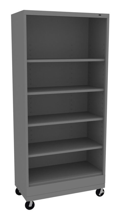 A tall, gray, metal storage cabinet on wheels with five open shelves and a solid back. The cabinet is empty and stands upright, providing mobile storage options for various items.