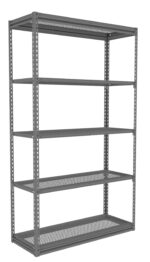 A gray metal shelving unit with five perforated shelves. The unit has a simple, industrial design with vertical supports featuring evenly spaced holes for adjustable shelving. It stands alone against a white background.