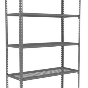 A gray metal shelving unit with five perforated shelves. The unit has a simple, industrial design with vertical supports featuring evenly spaced holes for adjustable shelving. It stands alone against a white background.