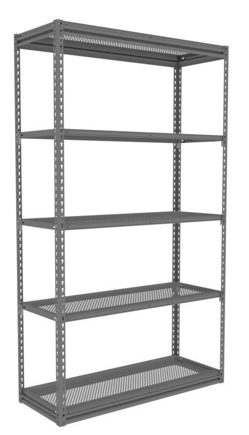 A gray metal shelving unit with five perforated shelves. The unit has a simple, industrial design with vertical supports featuring evenly spaced holes for adjustable shelving. It stands alone against a white background.