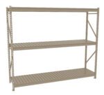 A beige, three-tier metal storage rack with open slatted shelves. The sturdy frame features vertical support beams and horizontal shelves for organizing items in a garage, warehouse, or storage room.