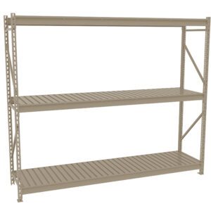 A beige, three-tier metal storage rack with open slatted shelves. The sturdy frame features vertical support beams and horizontal shelves for organizing items in a garage, warehouse, or storage room.