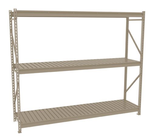 A beige, three-tier metal storage rack with open slatted shelves. The sturdy frame features vertical support beams and horizontal shelves for organizing items in a garage, warehouse, or storage room.