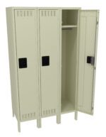 Three beige metal lockers, each with ventilation slits. The middle locker is open, revealing a metal interior with a hanging rod and an upper shelf. The other two lockers are closed. All lockers have black handles.