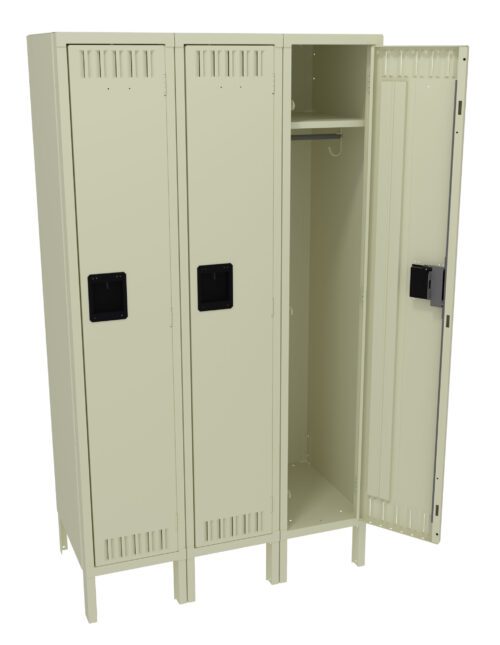 mlmto5lm8xkvmk1pgdlx.jpg Three beige metal lockers, each with ventilation slits. The middle locker is open, revealing a metal interior with a hanging rod and an upper shelf. The other two lockers are closed. All lockers have black handles.