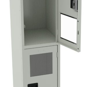 A tall, light gray metal cabinet with one open door at the top and a closed door at the bottom, each featuring transparent panels. The cabinet stands on four legs.