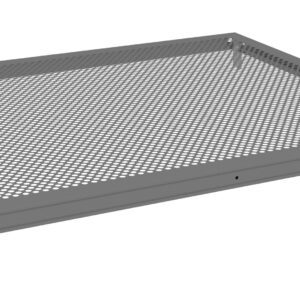 A flat, rectangular metal tray with a perforated surface, featuring a grid of small, circular holes throughout. The tray has a raised edge and corner brackets for mounting or attachment. It is displayed against a white background.