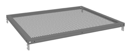 A flat, rectangular metal tray with a perforated surface, featuring a grid of small, circular holes throughout. The tray has a raised edge and corner brackets for mounting or attachment. It is displayed against a white background.