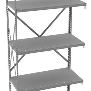 Metal shelving unit with five adjustable shelves and a cross-brace for support. The design is industrial and minimalistic, made for storage in offices, garages, or warehouses. The shelves are evenly spaced and unoccupied.