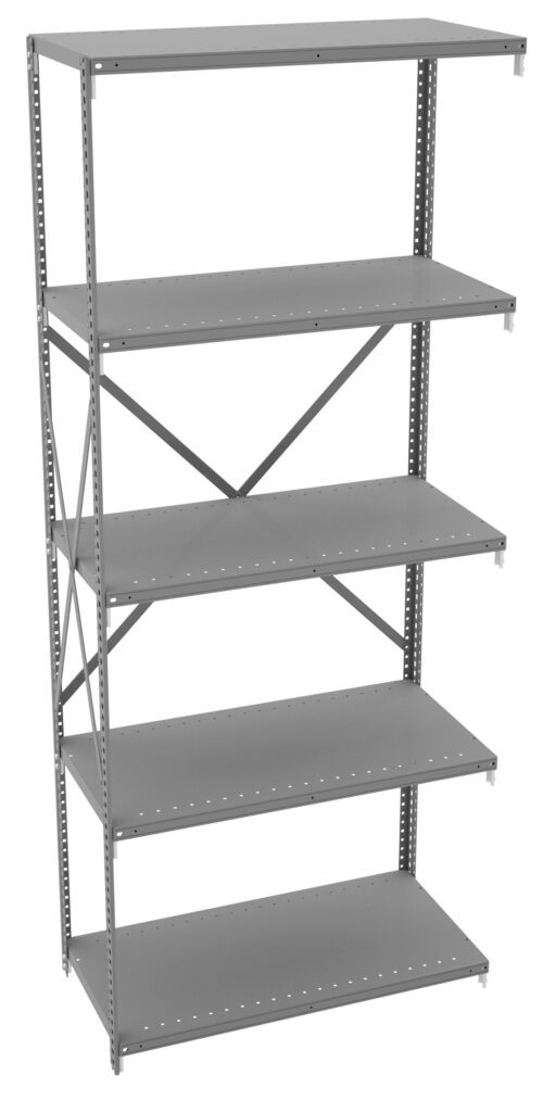 mmhkvginhaiycvsgj4ho.jpg Metal shelving unit with five adjustable shelves and a cross-brace for support. The design is industrial and minimalistic, made for storage in offices, garages, or warehouses. The shelves are evenly spaced and unoccupied.