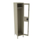 A tall, beige metal locker with its door open, revealing an interior shelf and a hanging hook. The locker has a glass panel on the door and is standing on four legs.