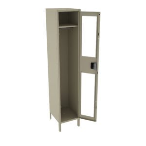 A tall, beige metal locker with its door open, revealing an interior shelf and a hanging hook. The locker has a glass panel on the door and is standing on four legs.