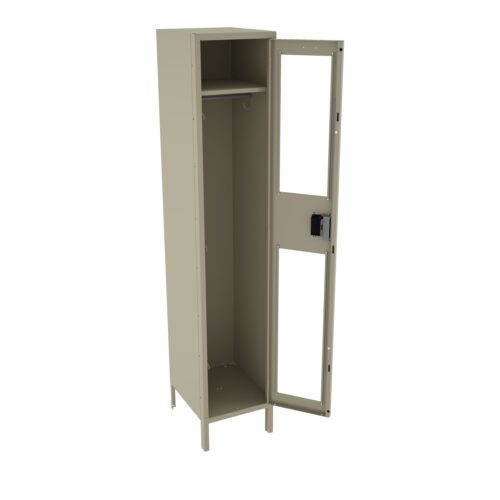 A tall, beige metal locker with its door open, revealing an interior shelf and a hanging hook. The locker has a glass panel on the door and is standing on four legs.