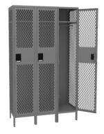 A set of three metal mesh lockers with one door open, revealing hanging space and a shelf inside. The lockers are gray and have black handles.