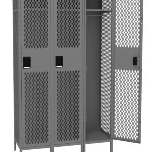 A set of three metal mesh lockers with one door open, revealing hanging space and a shelf inside. The lockers are gray and have black handles.