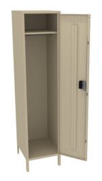 A beige metal locker is shown with its door open. The interior is empty, featuring a single hook and a shelf near the top. The door has ventilation slits and a latch for a padlock.