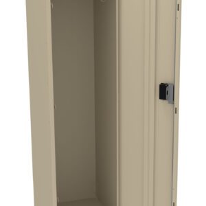 A beige metal locker is shown with its door open. The interior is empty, featuring a single hook and a shelf near the top. The door has ventilation slits and a latch for a padlock.