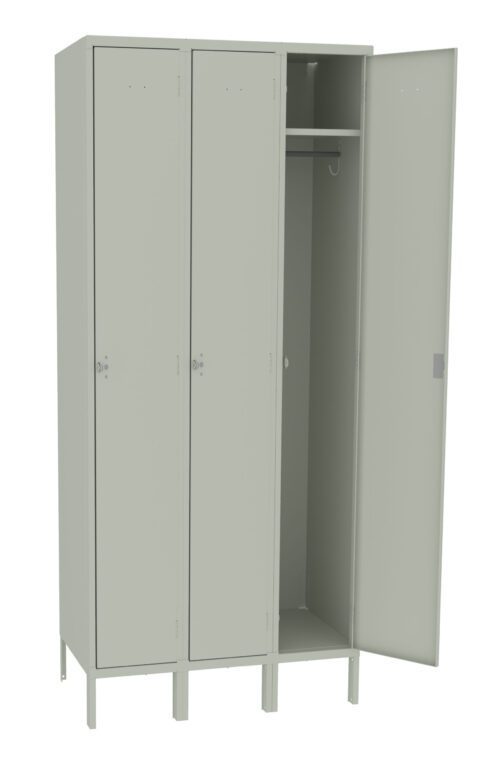 mngdisa976lyodamvtp2.jpg A three-door metal locker with a light gray finish. The third door is open, revealing an empty compartment with a hanging rod and a hook. The locker stands on small legs and has simple, flat-panel doors.