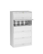 White metal file cabinet with four drawers and a lockable top compartment. The second drawer from the top is slightly open, revealing dividers inside. The cabinet is on a plain white background.