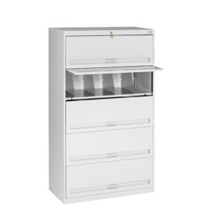 White metal file cabinet with four drawers and a lockable top compartment. The second drawer from the top is slightly open, revealing dividers inside. The cabinet is on a plain white background.
