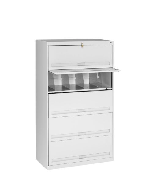 White metal file cabinet with four drawers and a lockable top compartment. The second drawer from the top is slightly open, revealing dividers inside. The cabinet is on a plain white background.