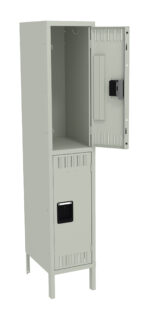 A tall, light gray metal locker with two compartments. The top compartment door is open, revealing an empty space inside, while the bottom compartment door is closed. Each door features a recessed handle and ventilation slots.