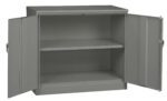 A gray metal storage cabinet with two open doors, revealing one internal adjustable shelf. The cabinet has simple handles and a plain design, suitable for office or industrial use.