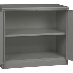 A gray metal storage cabinet with two open doors, revealing one internal adjustable shelf. The cabinet has simple handles and a plain design, suitable for office or industrial use.
