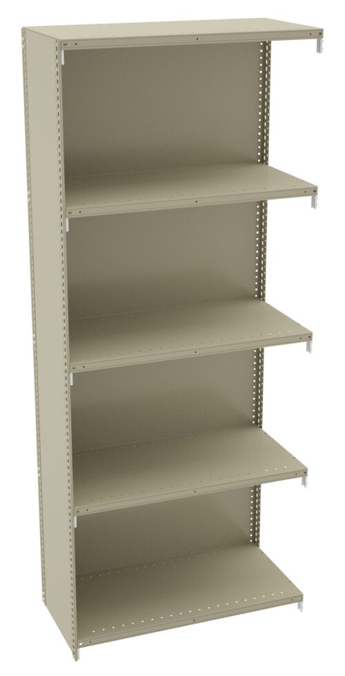 Freestanding beige metal shelving unit with five adjustable shelves. The structure features vertically slotted sides for shelf height customization. It stands against a white background, highlighting its sturdy, minimalist design.
