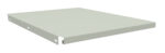 A rectangular, flat, metal shelf with a smooth, light gray surface and slightly raised edges. The shelf features small rectangular cutouts on the sides for mounting. The background is white.