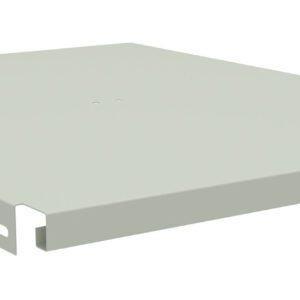 A rectangular, flat, metal shelf with a smooth, light gray surface and slightly raised edges. The shelf features small rectangular cutouts on the sides for mounting. The background is white.