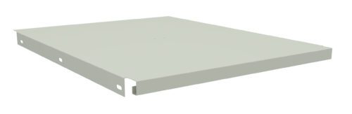 A rectangular, flat, metal shelf with a smooth, light gray surface and slightly raised edges. The shelf features small rectangular cutouts on the sides for mounting. The background is white.