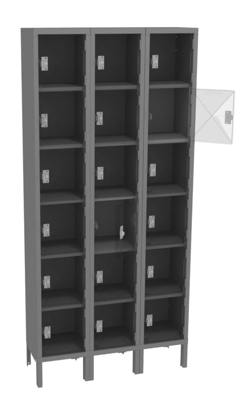 mocdknndab5tt91r3u8n.jpg A metal locker unit with three vertical columns, each containing five compartments. One door is open, revealing the interior space. The lockers are gray and have square vents on the doors.