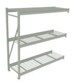 Industrial metal shelving unit with four levels, featuring wire grid shelves. The structure is made of sturdy beams connected by vertical supports and horizontal braces, suitable for heavy-duty storage in warehouses or garages.