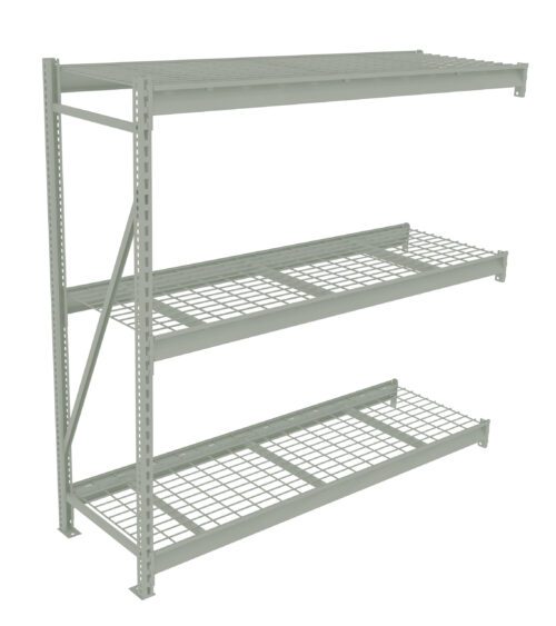 Industrial metal shelving unit with four levels, featuring wire grid shelves. The structure is made of sturdy beams connected by vertical supports and horizontal braces, suitable for heavy-duty storage in warehouses or garages.