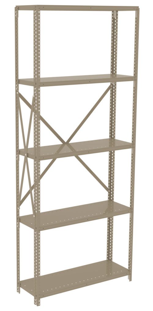 mon5hjrassfumwwocjbt.jpg Tall beige metal shelving unit with five adjustable shelves. Side supports with perforated holes and X-bracing for stability. Simple and utilitarian design ideal for organizing storage spaces.