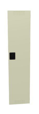 A tall, beige metal locker with a black rectangular handle. The locker has small ventilation slits at the top and bottom.