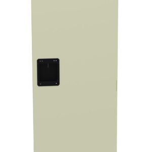 A tall, beige metal locker with a black rectangular handle. The locker has small ventilation slits at the top and bottom.