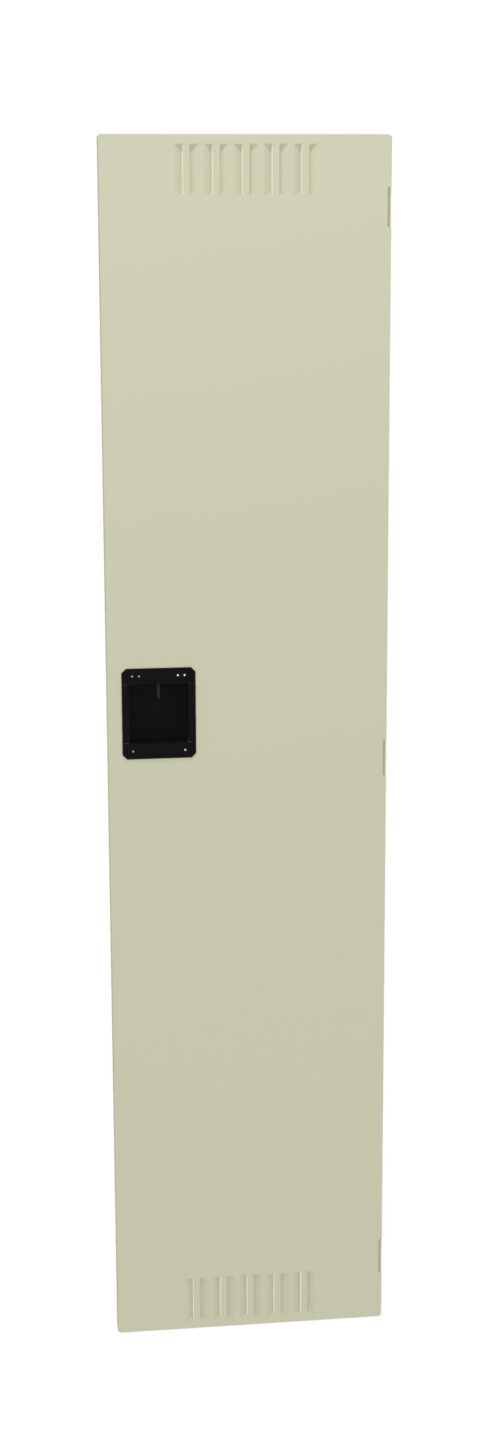 A tall, beige metal locker with a black rectangular handle. The locker has small ventilation slits at the top and bottom.