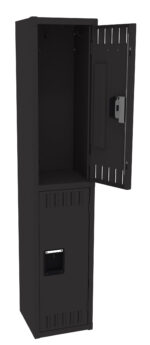 A tall, black metal locker with two compartments. The top compartment door is open, showing an empty interior, while the lower compartment is closed. The locker has ventilation slots and a handle on the lower door.