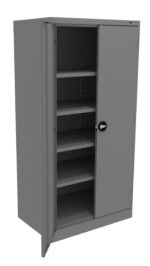 A gray metal storage cabinet with one door open, revealing five adjustable shelves inside. The cabinet has a simple, functional design with a round handle on the closed door.